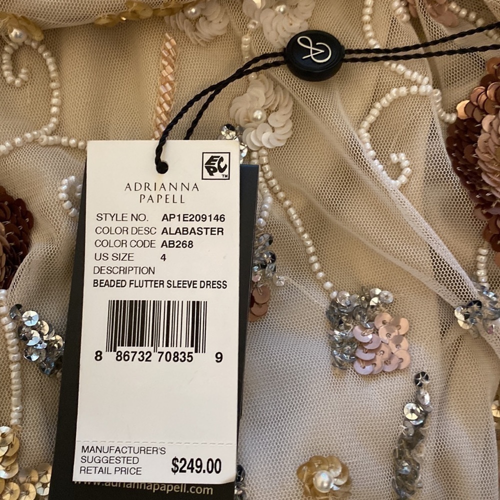 Adrianna Papell Beaded Illusion Flutter Sleeve Sheath Dress in Alabaster Size 4 - Picture 6 of 6